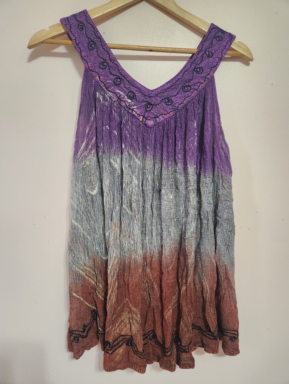 Vintage Shoreline Ombre Tie Dye Crinkle Gauze Embroidered Boho Tunic Top OS